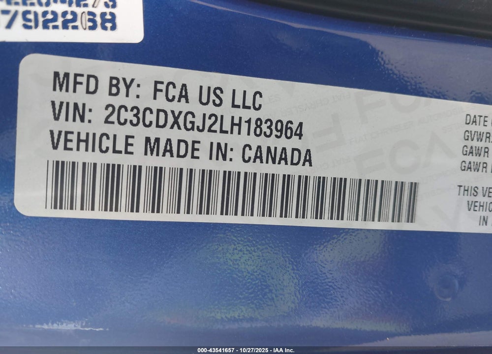 2020 DODGE CHARGER SCAT PACK RWD VIN: 2C3CDXGJ2LH183964