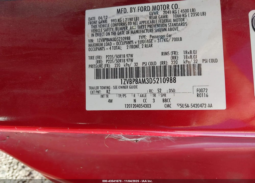 2013 FORD MUSTANG V6 PREMIUM VIN: 1ZVBP8AM3D5210988