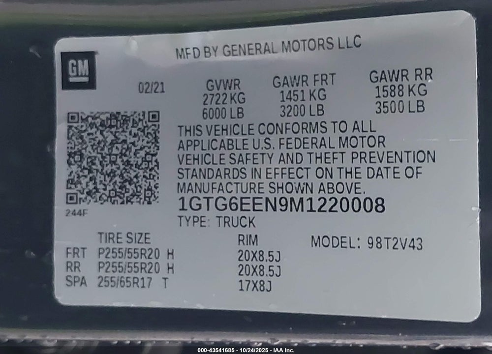 2021 GMC CANYON VIN: 1GTG6EEN9M1220008