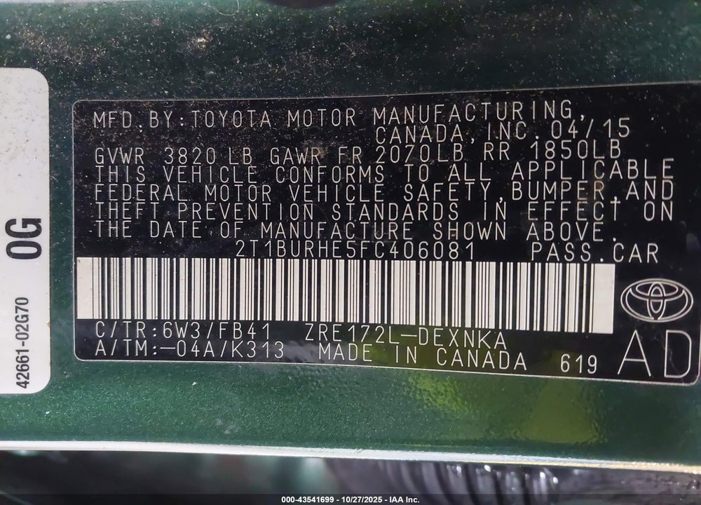 2015 TOYOTA COROLLA VIN: 2T1BURHE5FC406081