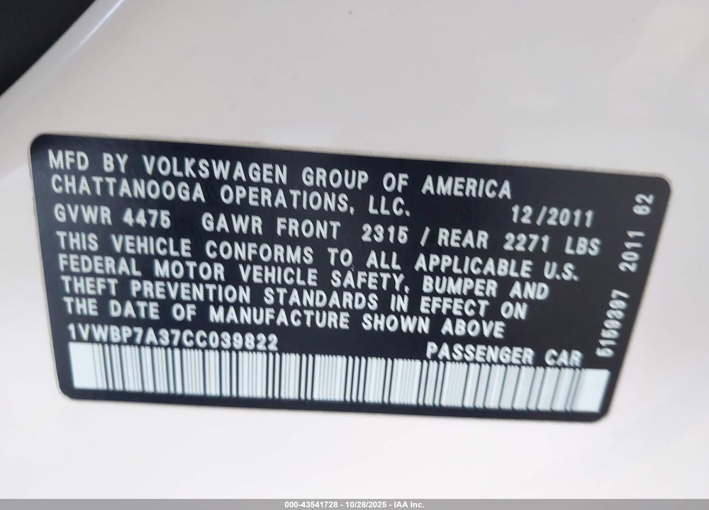 2012 VOLKSWAGEN PASSAT 2.5L SE VIN: 1VWBP7A37CC039822