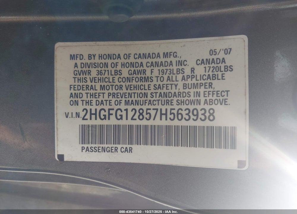 2007 HONDA CIVIC EX VIN: 2HGFG12857H563938