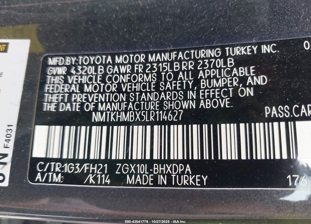 2020 TOYOTA C-HR VIN: NMTKHMBX5LR114627