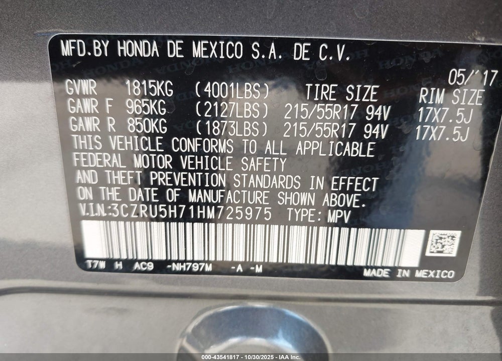 2017 HONDA HR-V VIN: 3CZRU5H71HM725975