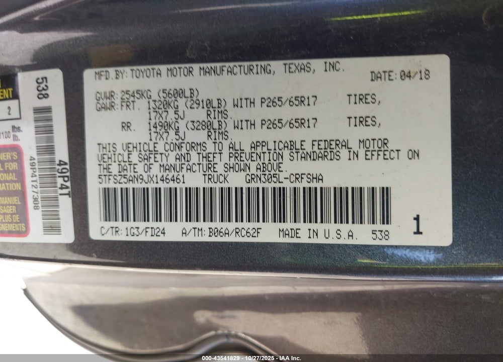 2018 TOYOTA TACOMA TRD SPORT VIN: 5TFSZ5AN9JX146461