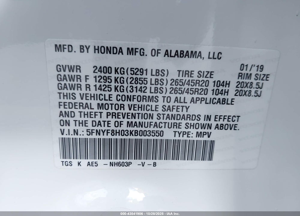 2019 HONDA PASSPORT VIN: 5FNYF8H03KB003550