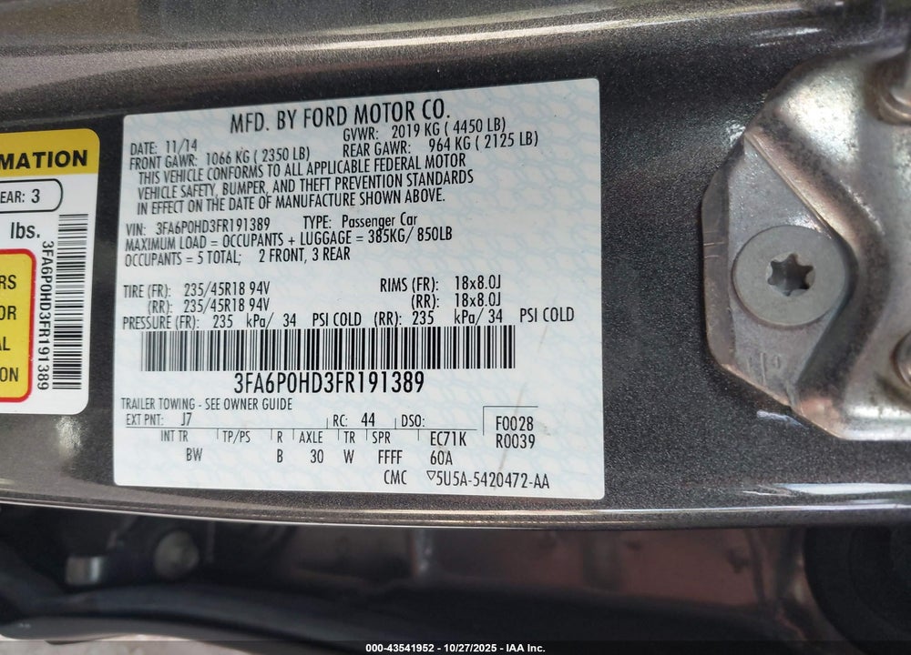 2015 FORD FUSION VIN: 3FA6P0HD3FR191389