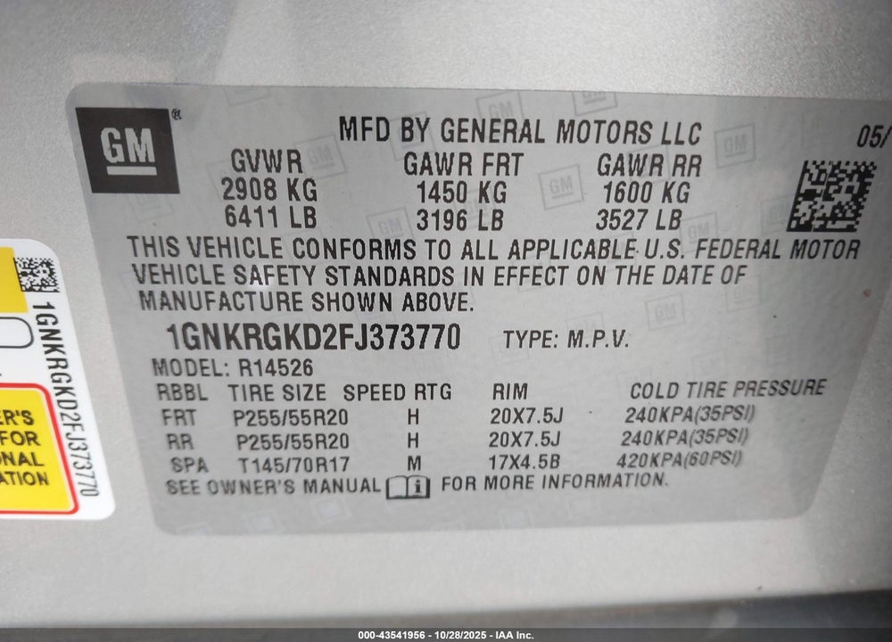 2015 CHEVROLET TRAVERSE VIN: 1GNKRGKD2FJ373770