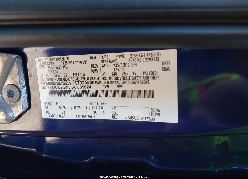 2016 FORD ESCAPE SE VIN: 1FMCU9GX3GUC85624