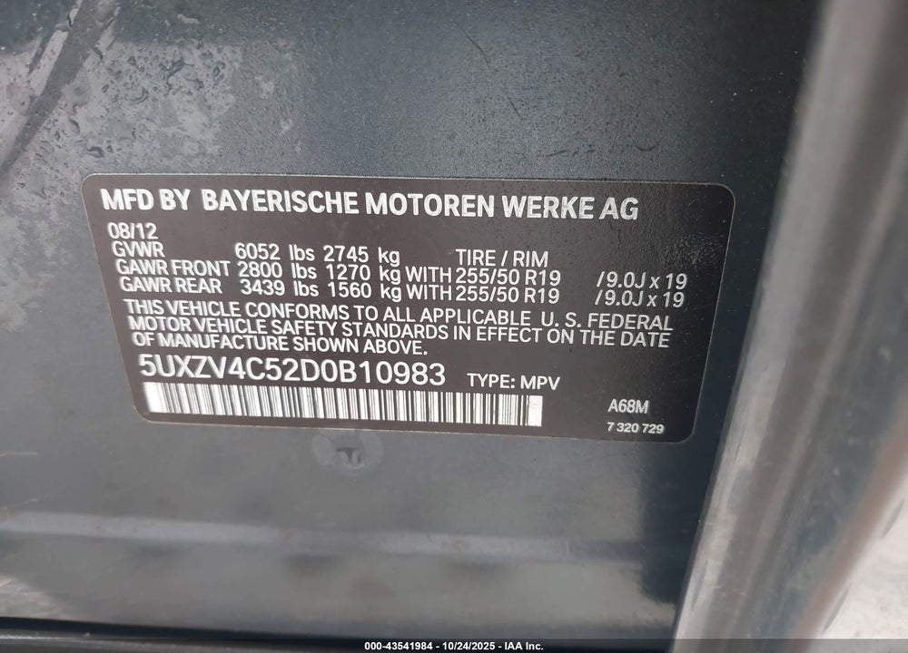2013 BMW X5 XDRIVE35I/XDRIVE35I PREMIUM/XDRIVE35I SPORT ACTIVITY VIN: 5UXZV4C52D0B10983