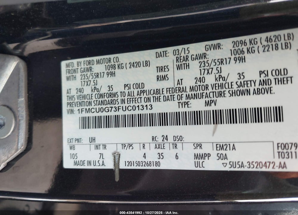 2015 FORD ESCAPE SE VIN: 1FMCU0G73FUC01313