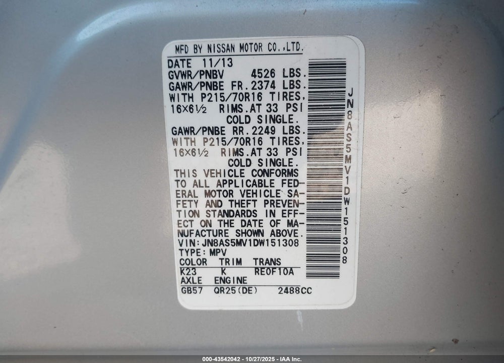 2013 NISSAN ROGUE SPORT VIN: JN8AS5MV1DW151308