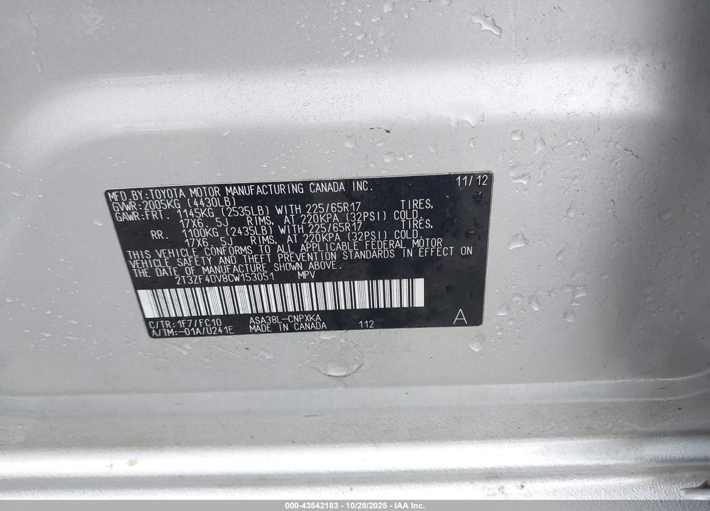 2012 TOYOTA RAV4 VIN: 2T3ZF4DV8CW153051