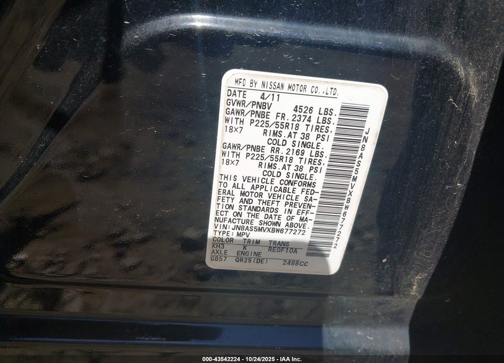 2011 NISSAN ROGUE SV VIN: JN8AS5MVXBW677272