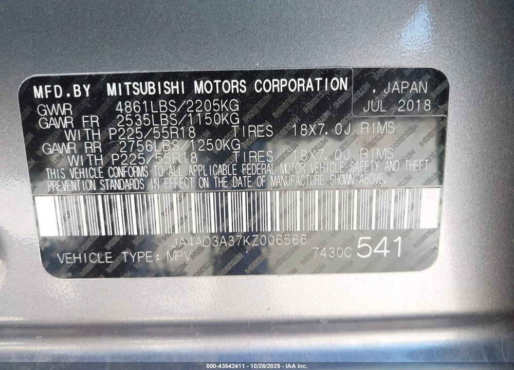 2019 MITSUBISHI OUTLANDER SE VIN: JA4AD3A37KZ006566