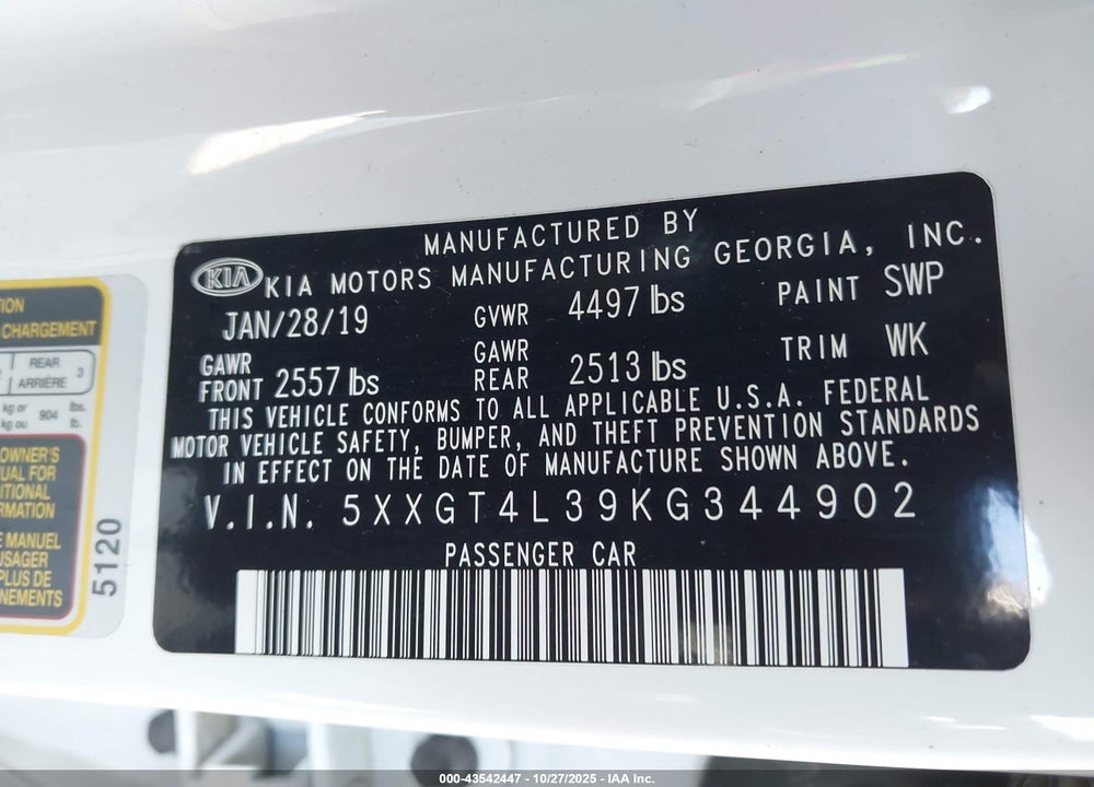 2019 KIA OPTIMA LX VIN: 5XXGT4L39KG344902