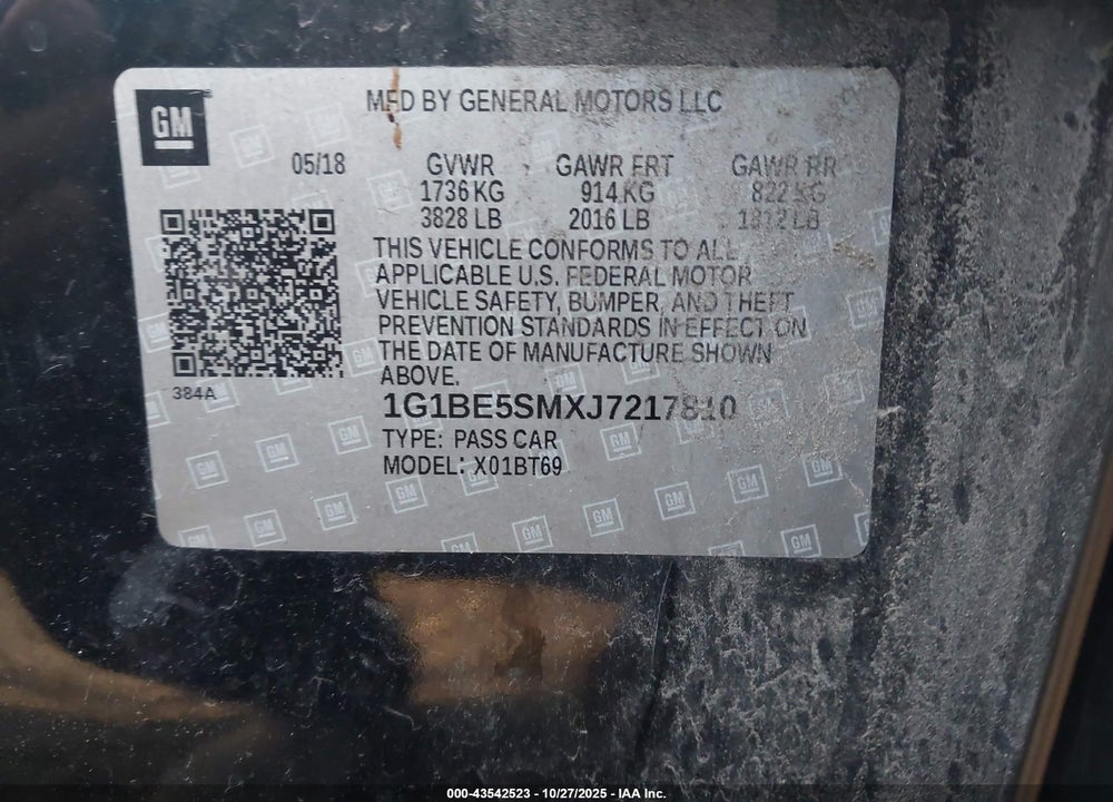 2018 CHEVROLET CRUZE LT AUTO VIN: 1G1BE5SMXJ7217810