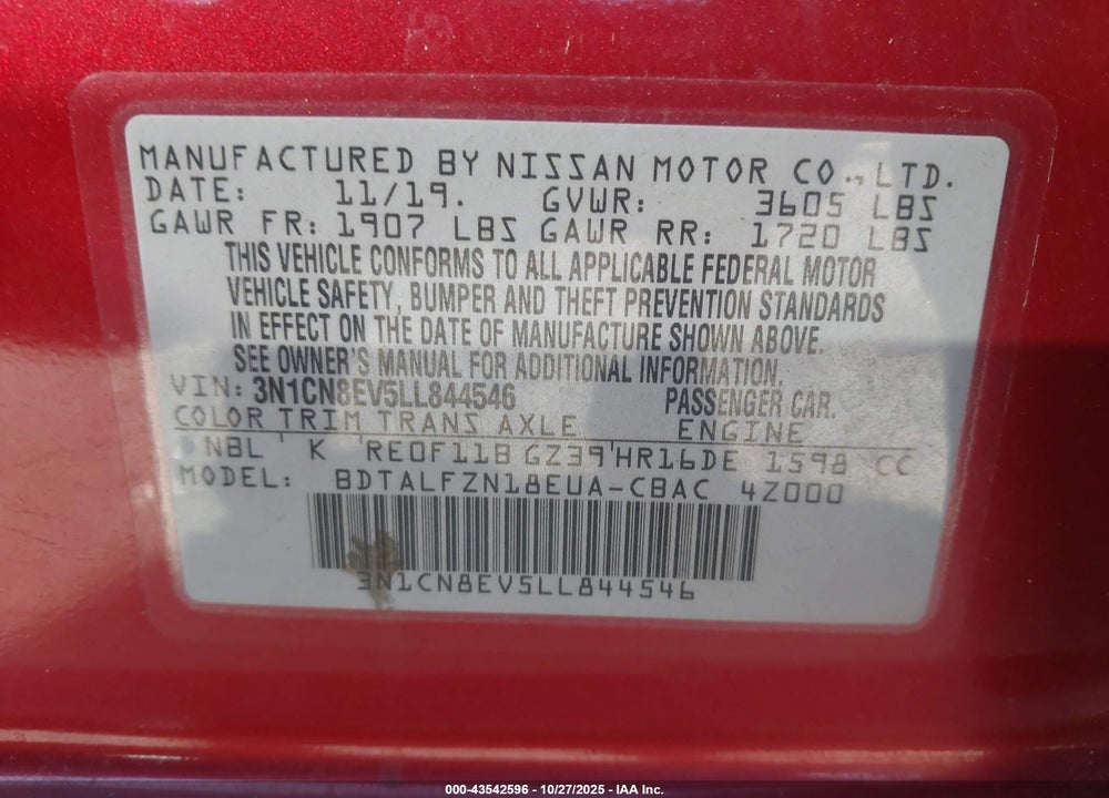 2020 NISSAN VERSA SV XTRONIC CVT VIN: 3N1CN8EV5LL844546