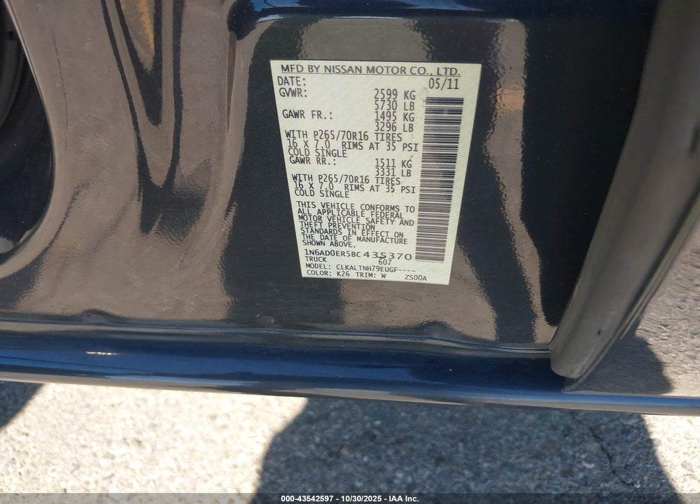 2011 NISSAN FRONTIER VIN: 1N6AD0ER5BC435370