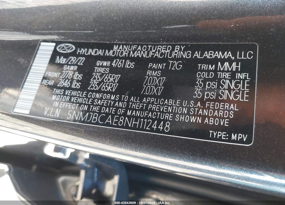 2022 HYUNDAI TUCSON SEL VIN: 5NMJBCAE8NH112448