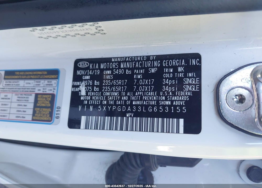 2020 KIA SORENTO VIN: 5XYPGDA33LG653155