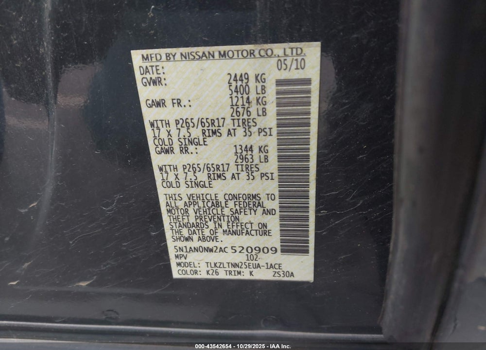 2010 NISSAN XTERRA SE VIN: 5N1AN0NW2AC520909