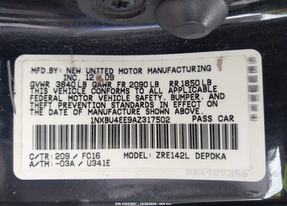 2010 TOYOTA COROLLA LE VIN: 1NXBU4EE9AZ317502