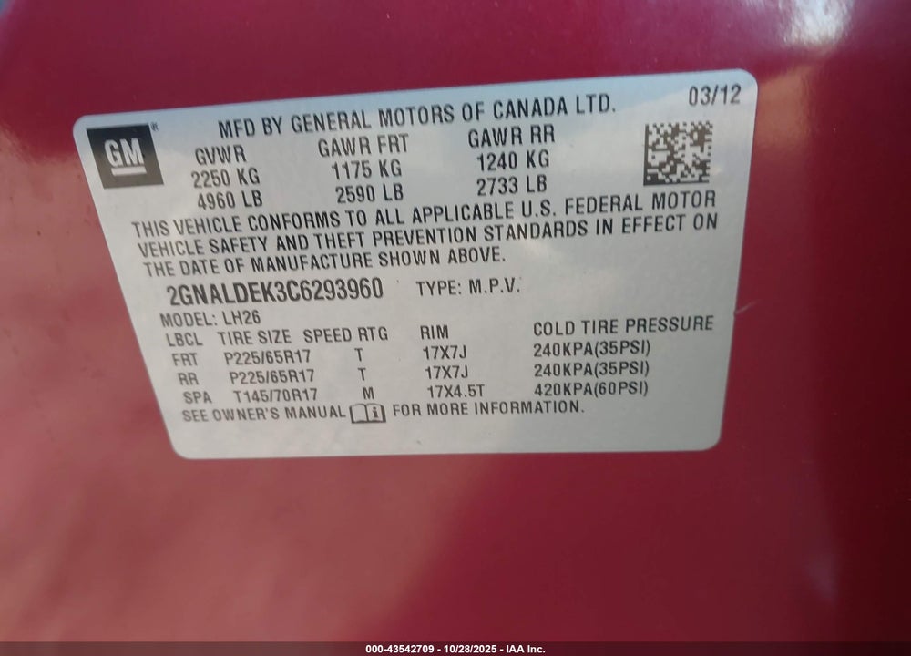 2012 CHEVROLET EQUINOX VIN: 2GNALDEK3C6293960