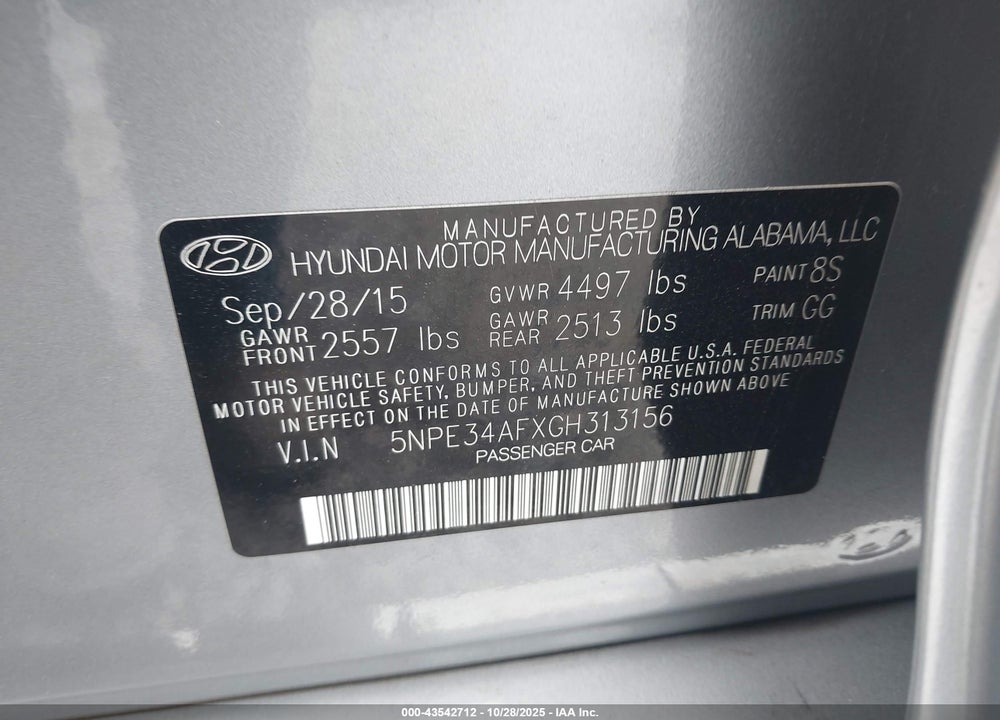 2016 HYUNDAI SONATA SPORT VIN: 5NPE34AFXGH313156