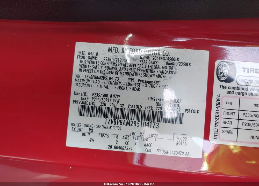 2011 FORD MUSTANG V6 PREMIUM VIN: 1ZVBP8AM2B5104173