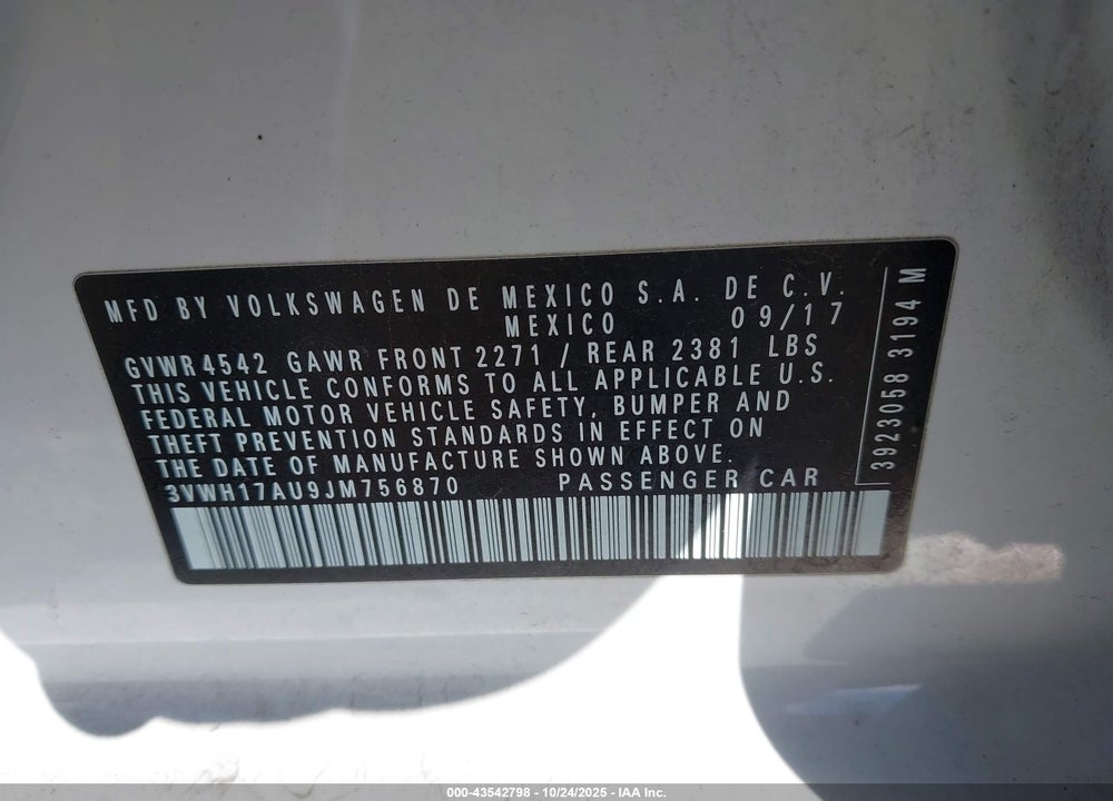 2018 VOLKSWAGEN GOLF ALLTRACK TSI S/TSI SE/TSI SEL VIN: 3VWH17AU9JM756870