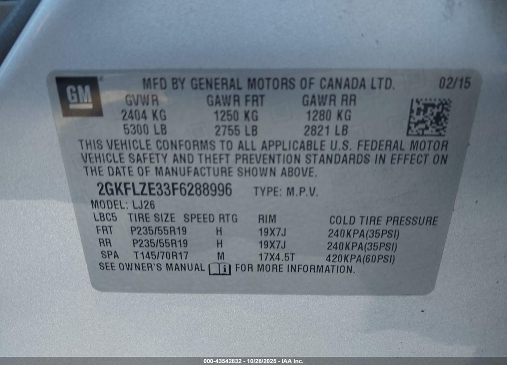 2015 GMC TERRAIN DENALI VIN: 2GKFLZE33F6288996