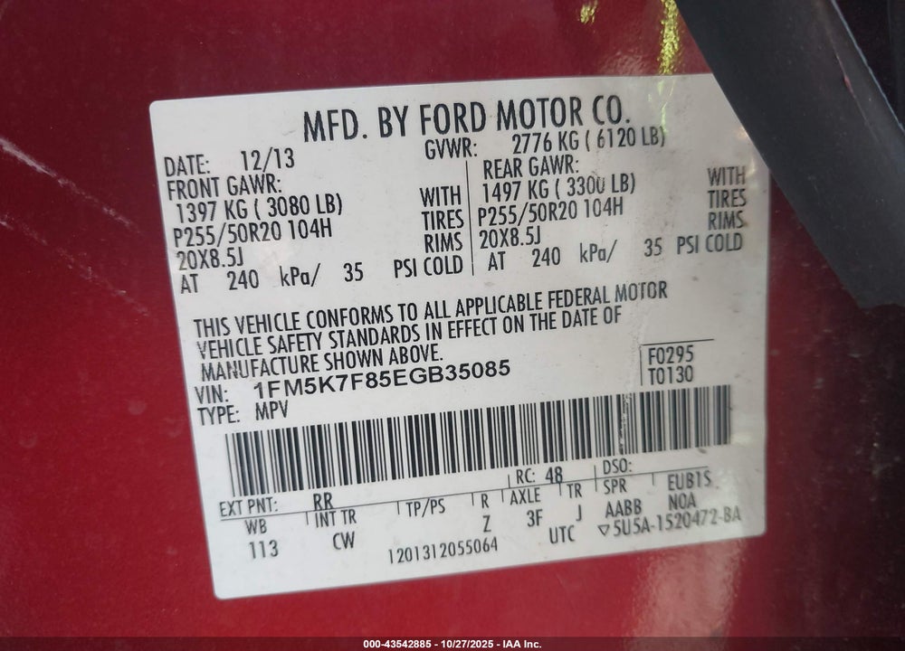 2014 FORD EXPLORER LIMITED VIN: 1FM5K7F85EGB35085