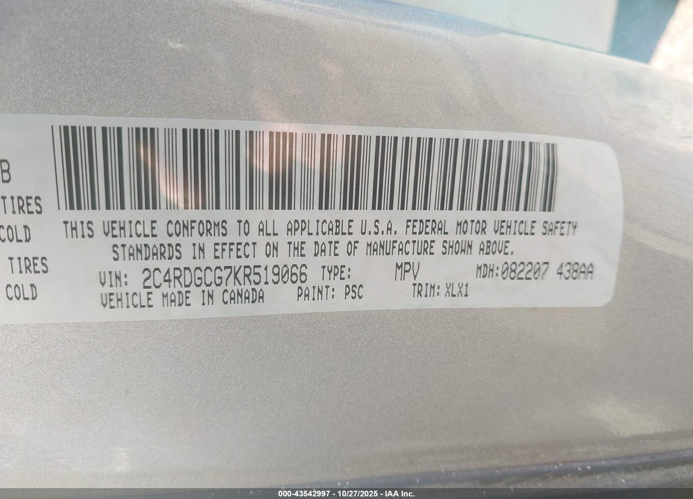 2019 DODGE GRAND CARAVAN SXT VIN: 2C4RDGCG7KR519066