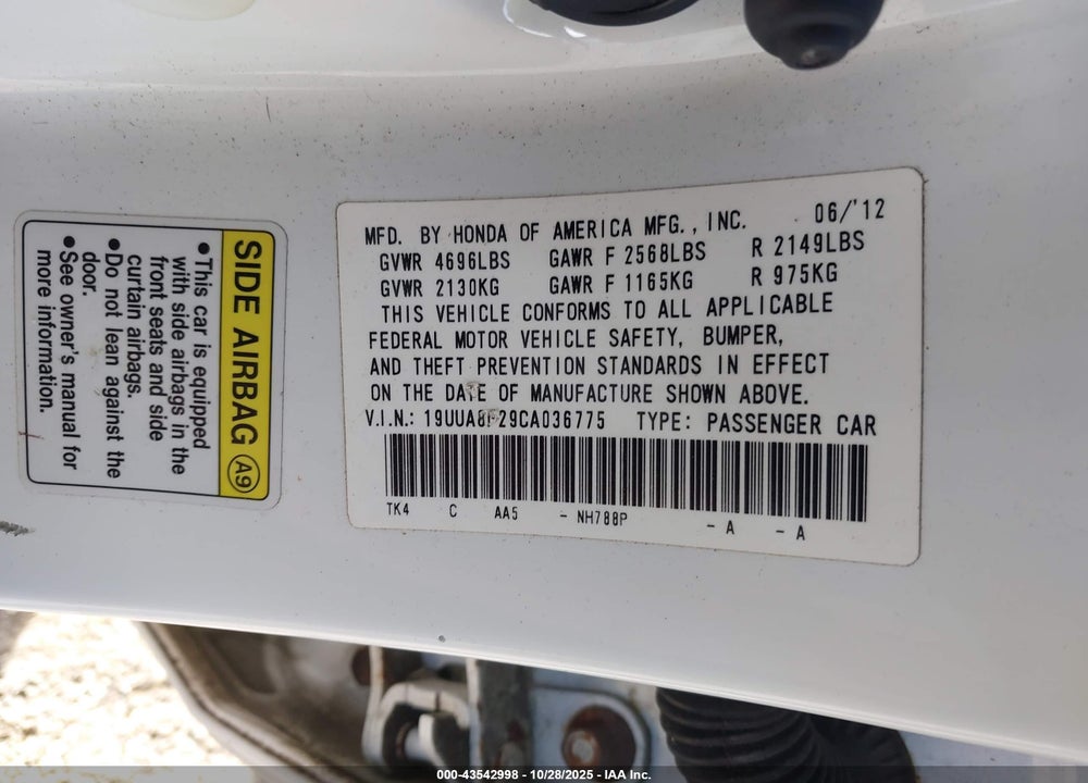 2012 ACURA TL 3.5 VIN: 19UUA8F29CA036775