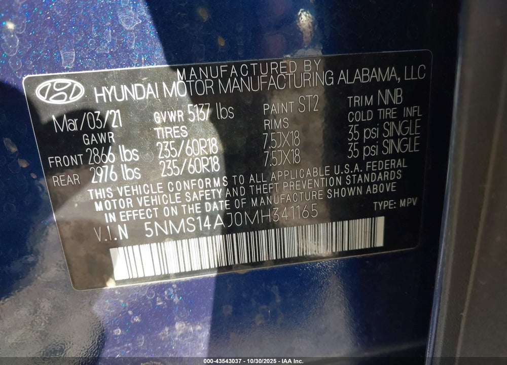 2021 HYUNDAI SANTA FE SE VIN: 5NMS14AJ0MH341165