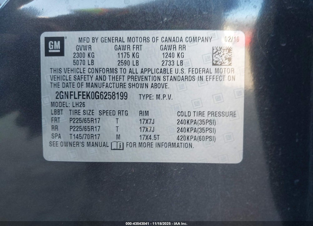 2016 CHEVROLET EQUINOX LT VIN: 2GNFLFEK0G6258199