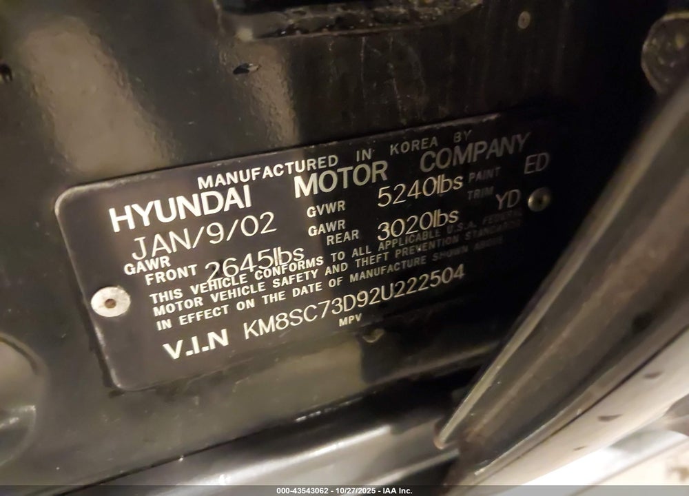 2002 HYUNDAI SANTA FE GLS/LX VIN: KM8SC73D92U222504