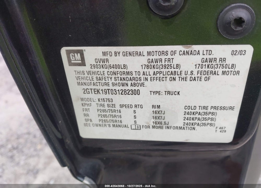 2003 GMC SIERRA 1500 SLT VIN: 2GTEK19T031282300
