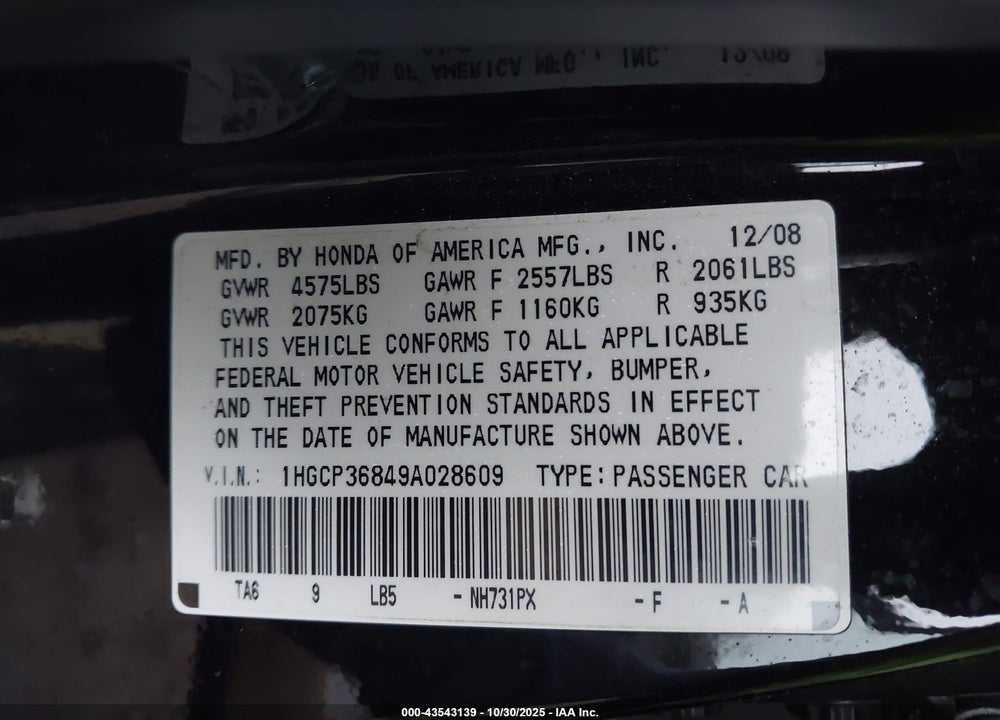 2009 HONDA ACCORD 3.5 EX-L VIN: 1HGCP36849A028609