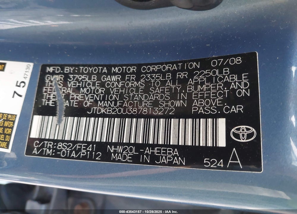 2008 TOYOTA PRIUS VIN: JTDKB20U387813272
