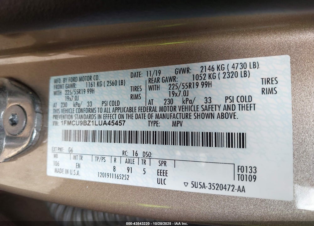 2020 FORD ESCAPE VIN: 1FMCU9BZ1LUA45457