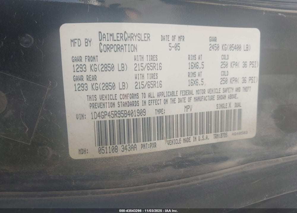 2005 DODGE CARAVAN SXT VIN: 1D4GP45R95B401909