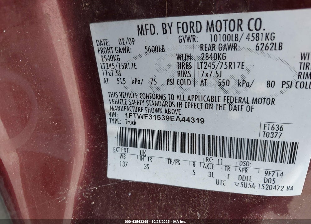 2009 FORD F-350 XL/XLT VIN: 1FTWF31539EA44319