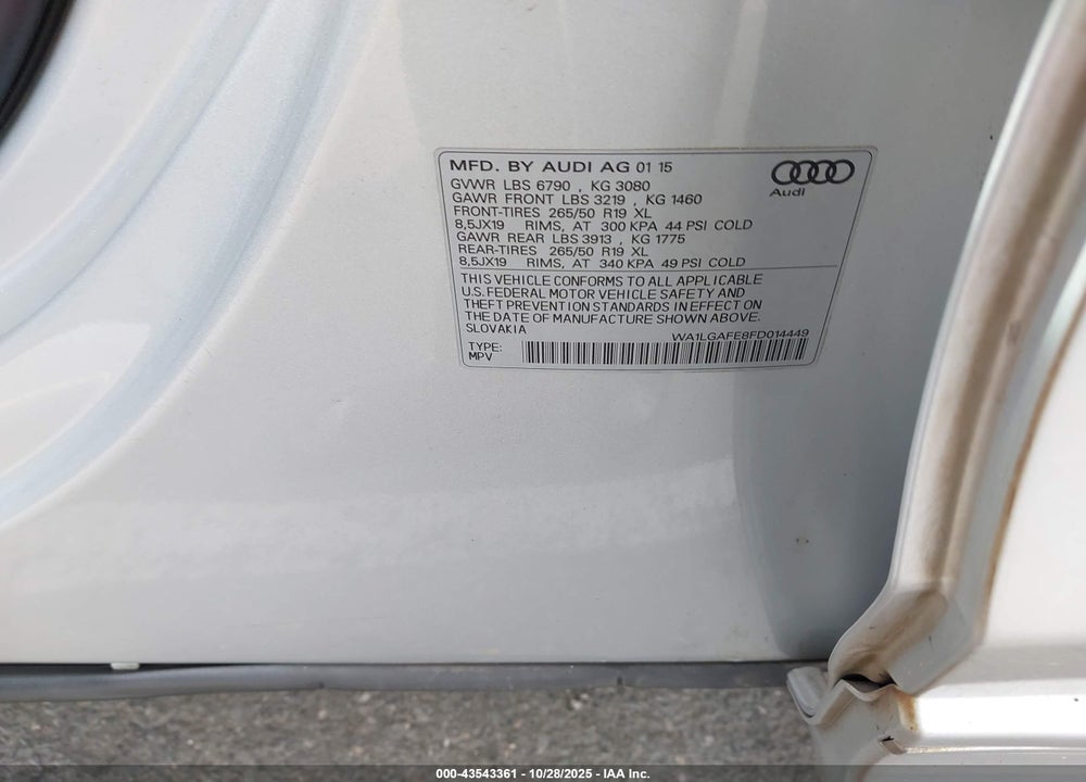 2015 AUDI Q7 3.0T PREMIUM VIN: WA1LGAFE8FD014449