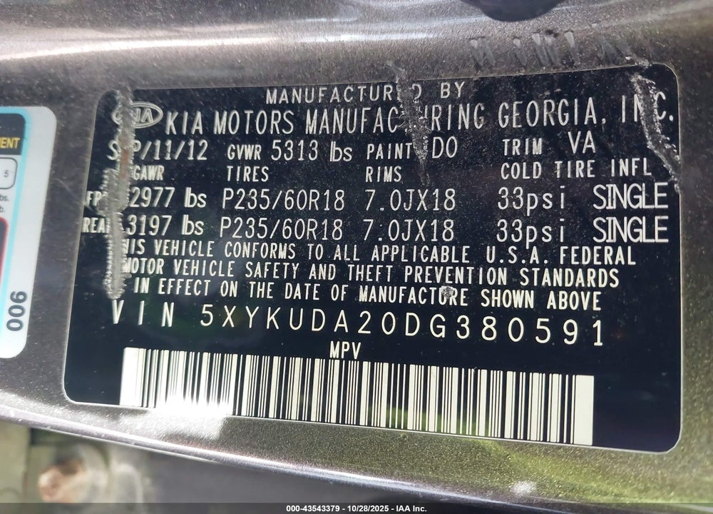 2013 KIA SORENTO VIN: 5XYKUDA20DG380591
