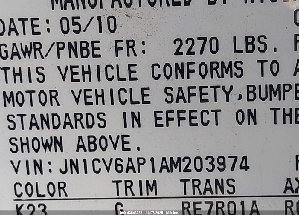 2010 INFINITI G37 VIN: JN1CV6AP1AM203974