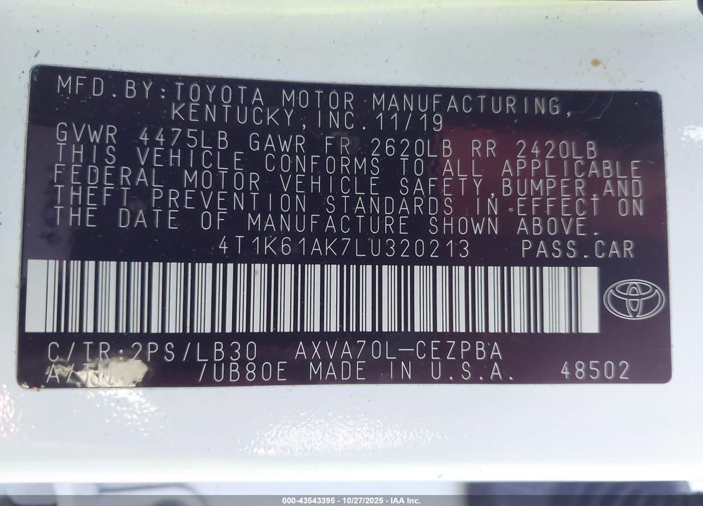 2020 TOYOTA CAMRY VIN: 4T1K61AK7LU320213