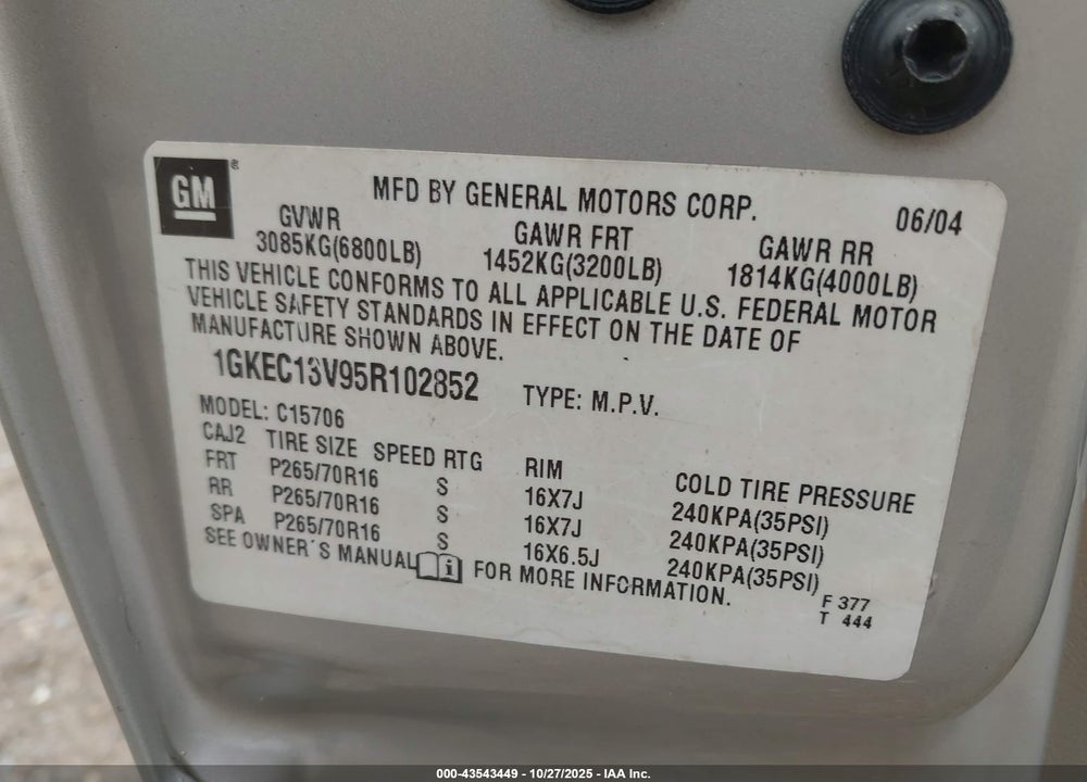 2005 GMC YUKON SLT VIN: 1GKEC13V95R102852