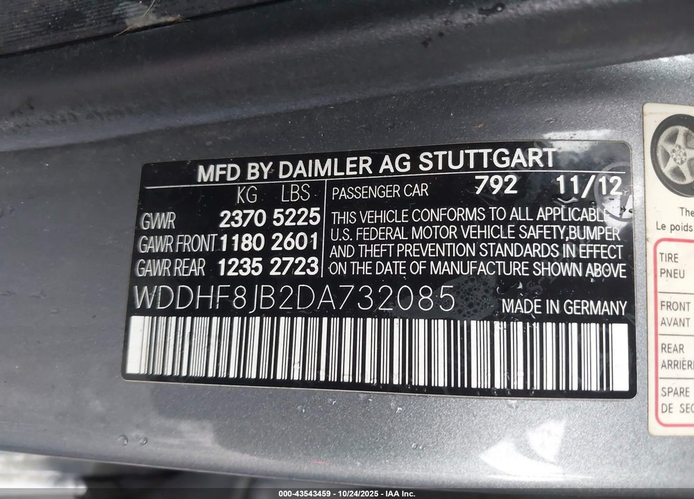 2013 MERCEDES-BENZ E-CLASS VIN: WDDHF8JB2DA732085